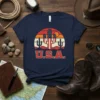 U.S.A. Cactus Sunset T-Shirt design with patriotic flag-themed cactus and retro sun graphic