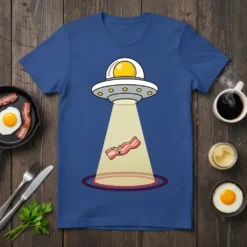 UFO Abducting Bacon stylish graphic design printed on comfortable cotton t-shirt
