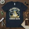 UFO Abduction Terrier Selfie T-Shirt design featuring a dog in sunglasses being beamed up by a UFO