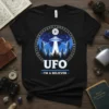 UFO I'm A Believer T-Shirt with a circular design showing a UFO beaming down on Easter Island-like statues, surrounded by