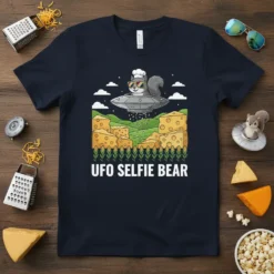 UFO Selfie Bear T-Shirt featuring a squirrel in a chef hat and sunglasses on a UFO hovering over cheese blocks