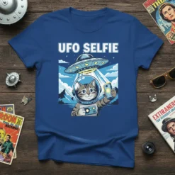 UFO Selfie T-Shirt design with an astronaut cat taking a selfie with a UFO in a starry sky