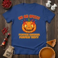 Uh Oh Spicy Pumpkin Hahhaha Pumpkin Tasty Halloween t-shirt with a cartoon pumpkin on fire