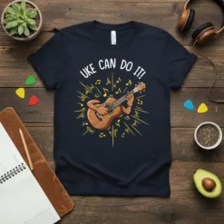 UKE CAN DO IT! text with a cartoon ukulele player graphic surrounded by musical notes on a navy t-shirt