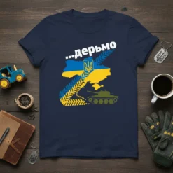 Dark blue t-shirt with white text "...дерьмо" above a map of Ukraine in blue and yellow, featuring a tank and