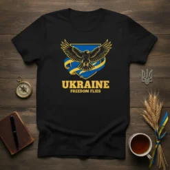 Ukraine Freedom Flies T-Shirt with eagle and Ukrainian flag colors. Patriotic graphic tee for supporters