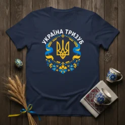 Navy t-shirt with "Україна Тризуб" in white text, featuring a yellow trident emblem surrounded by blue and yellow ribbons and