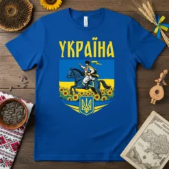 Ukrainian flag colors t-shirt with "Україна" text, Cossack on horseback, sunflowers, and national trident crest