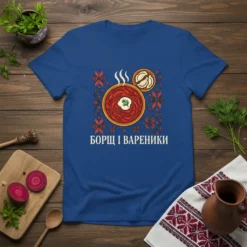 Blue t-shirt featuring the text "БОРЩ І ВАРЕНИКИ" above a stylized illustration of borscht soup and varenyky, with Ukrainian folk