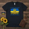 Ukrainian "Слава Україні! Героям Слава!" t-shirt design with flag, fist, and sunflowers