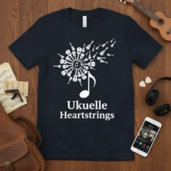 Ukuelle Heartstrings text design with a burst of ukuleles and a musical note, printed on a navy t-shirt