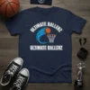 Navy blue t-shirt with "ULTIMATE BALLERZ" text and basketball going into a hoop graphic