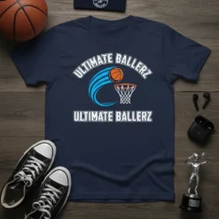 Navy blue t-shirt with "ULTIMATE BALLERZ" text and basketball going into a hoop graphic