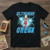 Ultraman Omega graphic t-shirt with bold blue lettering and lightning effects, featuring the superhero in action