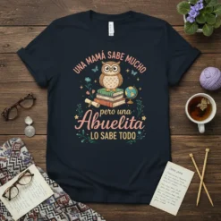 Una Mamá Sabe Mucho pero una Abuelita LO SABE TODO Spanish quote t-shirt with an owl on books graphic
