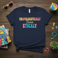 UNAPOLOGETICALLY Jamie ETICALLY text in retro font on a navy blue t-shirt