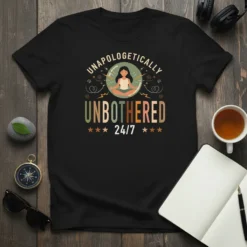 Unapologetically Unbothered 24/7 text with a woman meditating inside a bubble graphic on a black t-shirt