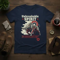 Unbreakable Spirit Power in Every Step t-shirt with a charging bull and brick wall graphic