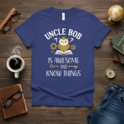 Uncle Bob Is Awesome And Knows Things T-Shirt featuring a cartoon owl on a book and gears, with text details
