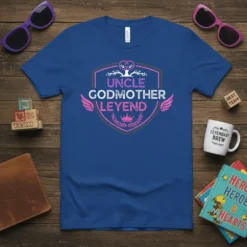 Uncle Godmother Leyend t-shirt design with crest, wings, crown, and tree graphic