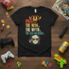 Uncle The Man The Myth The Bad Influence quote t-shirt with superhero logo and cartoon man holding remote