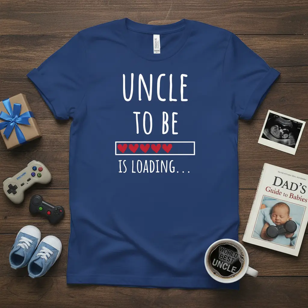 Uncle To Be Is Loading text with a progress bar and heart icons on a navy blue t-shirt, perfect for new uncle