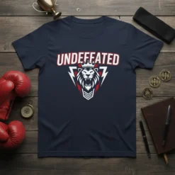 Undefeated T-Shirt with a roaring lion wearing a crown and lightning bolt graphics