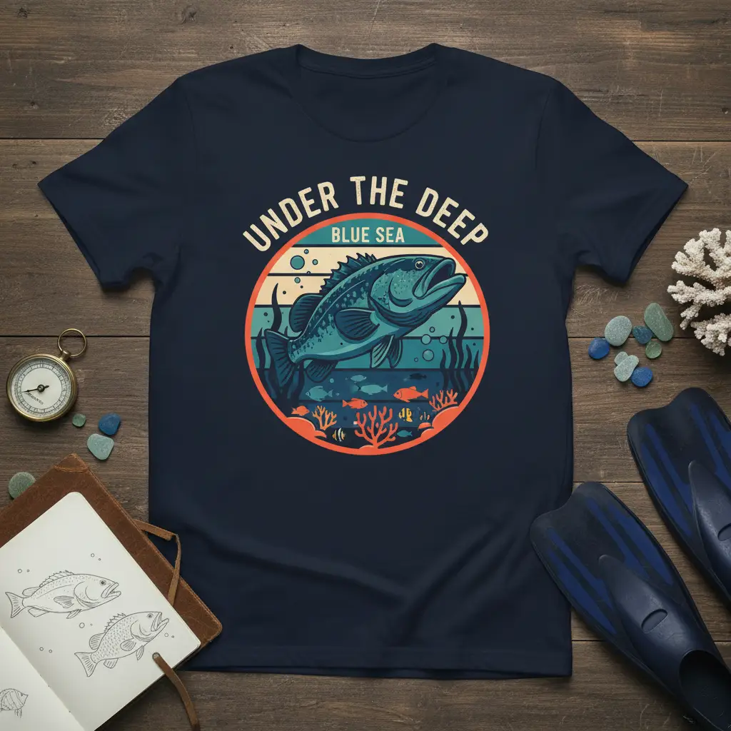 Under The Deep Blue Sea graphic t-shirt with a vintage circular design of a large fish and ocean life