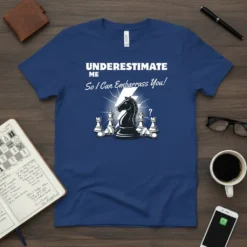 T-shirt with "UNDERESTIMATE ME So I Can Embarrass You!" text and a chess knight surrounded by other pieces, against a