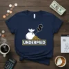 Underpaid T-Shirt with money bag and dollar sign graphic, navy blue tee with humorous salary complaint text