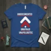 Undocumented Unafraid Unapologitec text with red and white arrows pointing up on a blue t-shirt