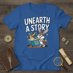 Unearth A Story Br'er Rabbit T-Shirt featuring a cartoon rabbit reading an open book with a pickaxe, adventure theme