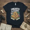 Unearth A Story text with dinosaur footprint fossil graphic, magnifying glass, and books on a dark t-shirt
