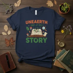 T-shirt with "Uneearth A Story" text, featuring an open book with a plant growing, mushrooms, a trowel, and a magnifying
