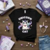 Unicorn Cat T-Shirt featuring a cute white cat with unicorn horn, pink and blue wings, and colorful swirl tail