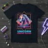 Black t-shirt with UNICORN DREAM WAVES text and a neon retro unicorn graphic featuring a rainbow