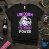 Black t-shirt with "UNICORN FITNESS POWER" text and a muscular unicorn flexing its arm