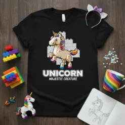 Black t-shirt with "UNICORN MAJESTIC CREATURE" text and a building block style unicorn graphic