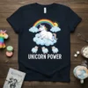 Unicorn Power text with a cartoon unicorn on clouds and three sheep below, against a rainbow and sun graphic