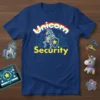 Unicorn Security t-shirt design with a knightly unicorn, rainbow, and circuit board background