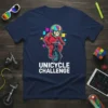 Unicycle Challenge graphic t-shirt featuring a cartoon rider in red gear on a unicycle