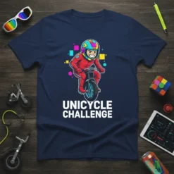 Unicycle Challenge graphic t-shirt featuring a cartoon rider in red gear on a unicycle