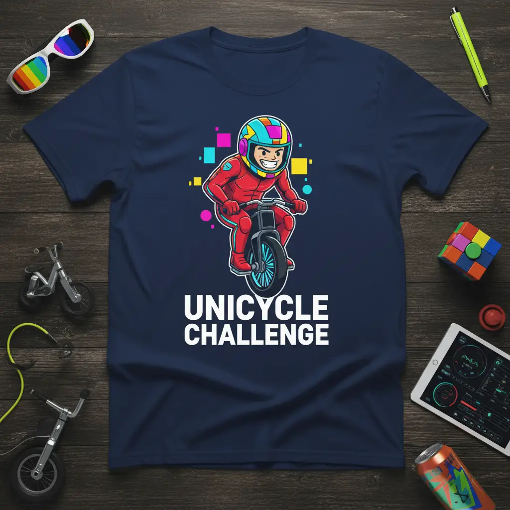 Unicycle Challenge text and graphic of a cartoon rider in red gear on a unicycle
