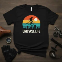 Unicycle Life t-shirt design featuring a silhouette rider on a unicycle against a retro sunset and city skyline