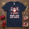 Union Jack Dab Santa T-Shirt design with Santa doing a dab pose, surrounded by Union Jack flags and fireworks