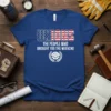 Blue t-shirt with text "UNIONS THE PEOPLE WHO BROUGHT YOU THE WEEKEND" in white and red, featuring American flag design
