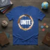 UNITE text in bold white letters on a blue t-shirt, surrounded by diverse hands shaking in a circle, symbolizing unity