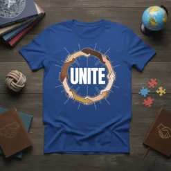 UNITE text in bold white letters on a blue t-shirt, surrounded by diverse hands shaking in a circle, symbolizing unity
