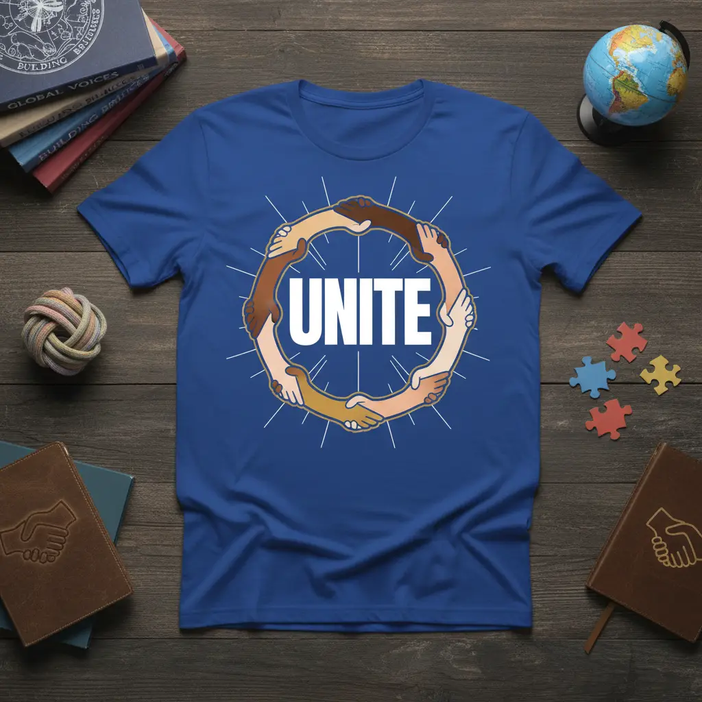 UNITE text in white on blue shirt, encircled by diverse hands shaking, symbolizing togetherness and equality