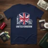 UNITED KINGDOM t-shirt design with Big Ben, Tower Bridge, and London Eye graphic, and Union Jack shield